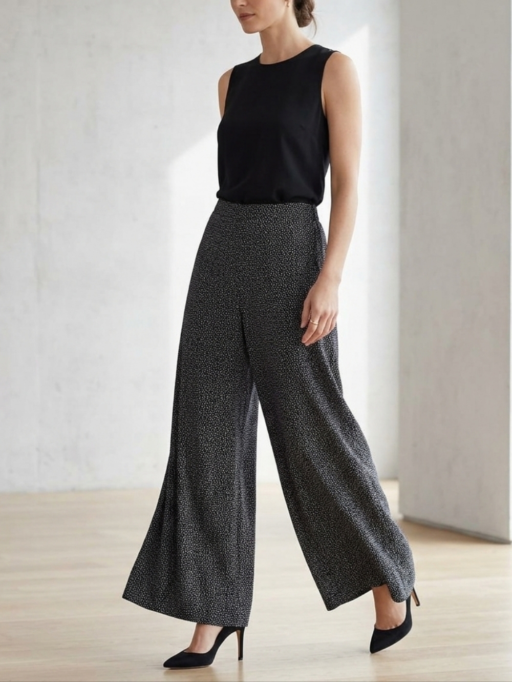 Adrianna Papell Black & White Spotted Print Wide Leg Flowy Pants Size Large